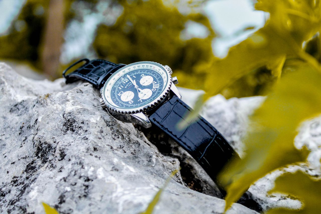 Elegant wristwatch with blue strap placed on a rock surrounded by vibrant foliage.