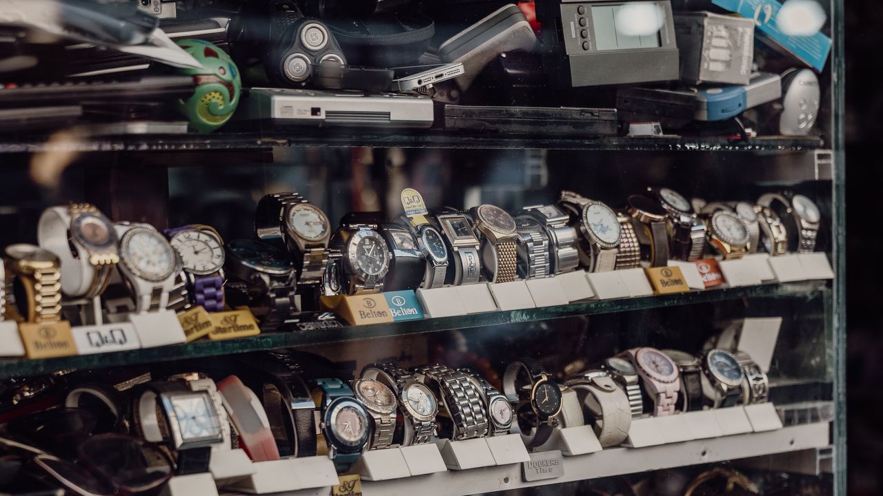 A variety of watches displayed in a shop in Istanbul, showcasing diverse brands and styles.